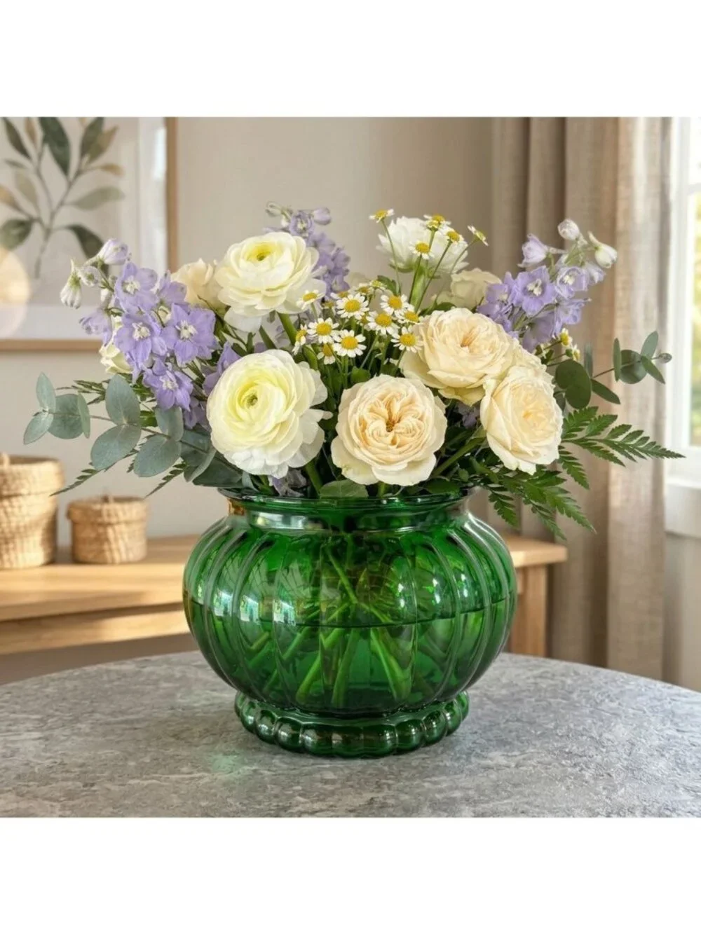 Vintage Forest Green Glass Rose Bowl Ribbed Bulbous Planter Ivy Vase 6